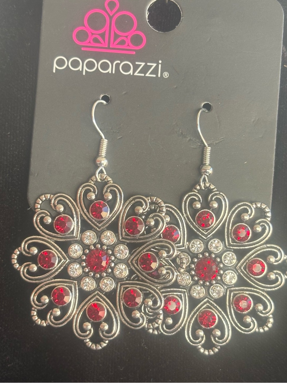 Paparazzi Silver Filigree Red Crystal Drop Earrings